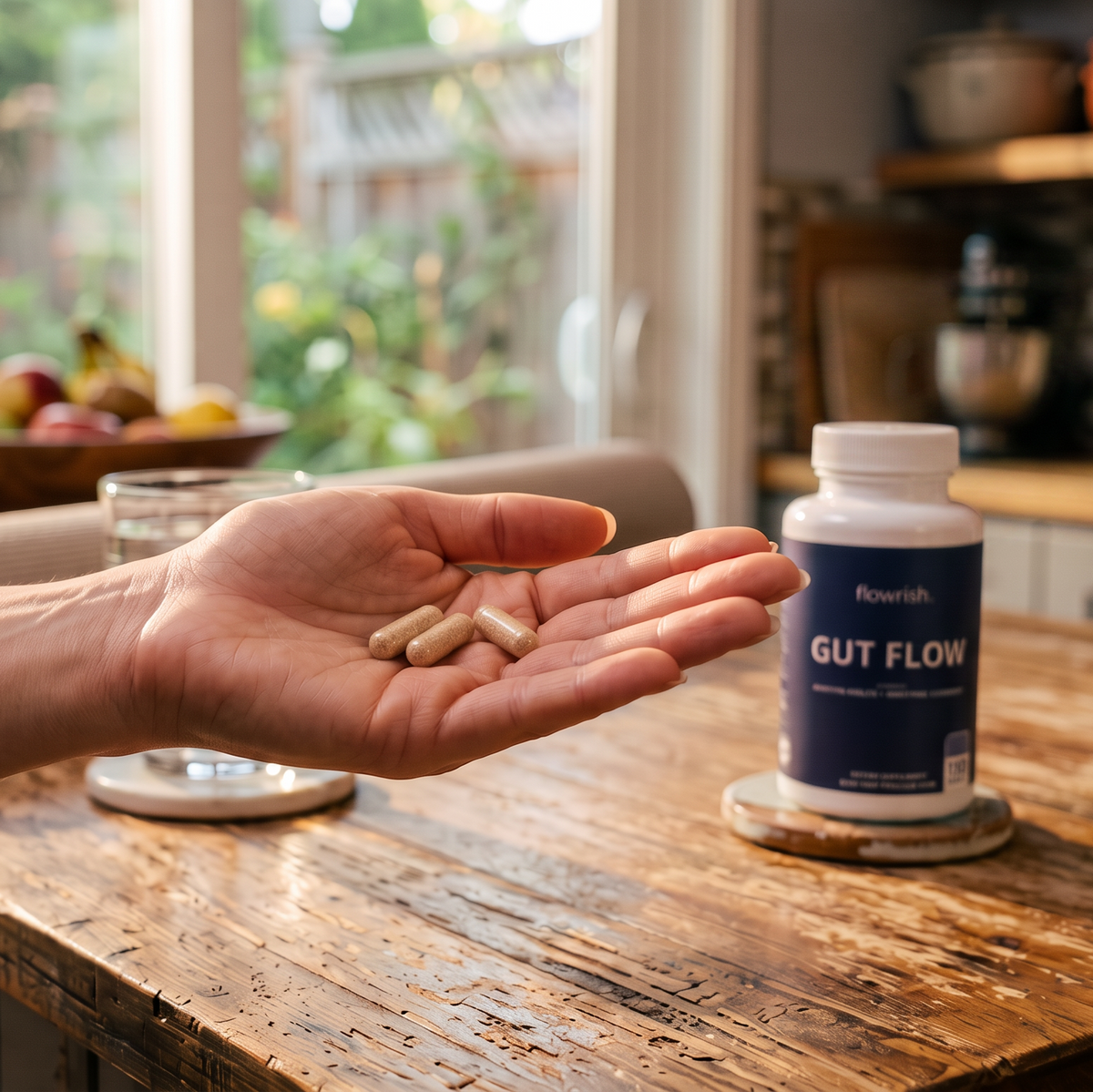 Shows 3 capsules in a woman's hand with bottle of Gut Flow on Kitchen counter