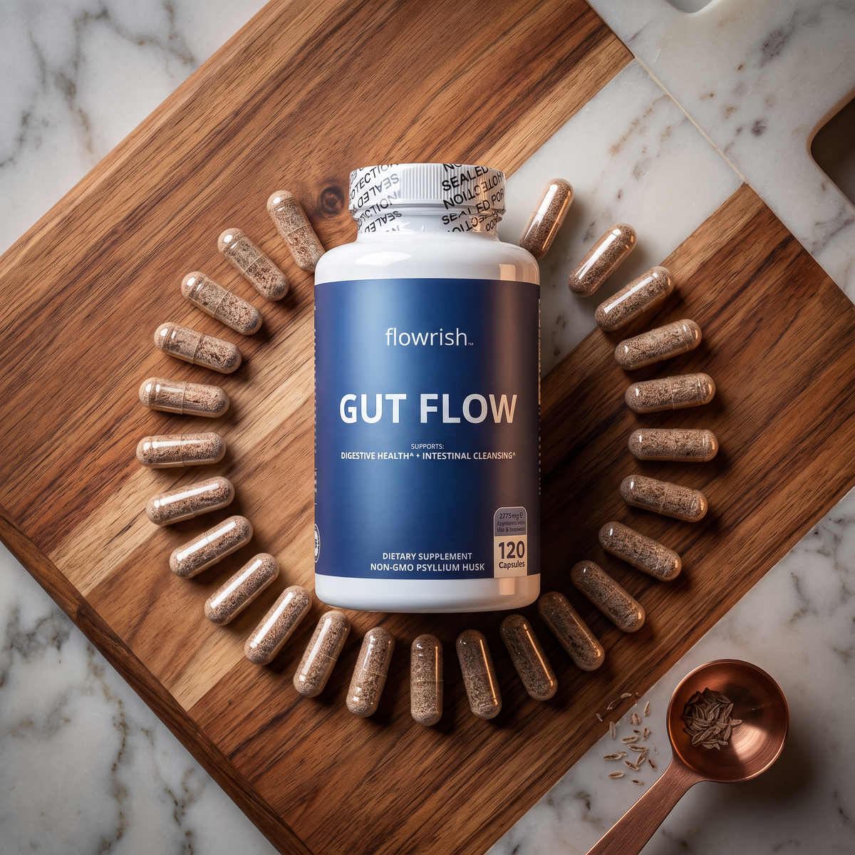 Bottle of Gut Flow on a cutting board with capsules around it in a circle
