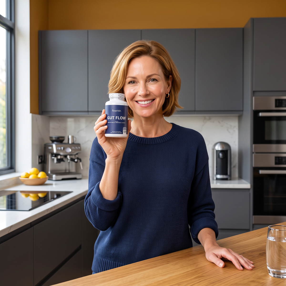 Jane, 45 year old woman, holding a bottle of Flowrish Gut Flow